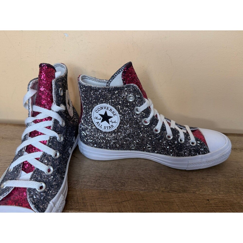 Converse silver and fuschia glitter custom shoes size women’s 8 sneakers